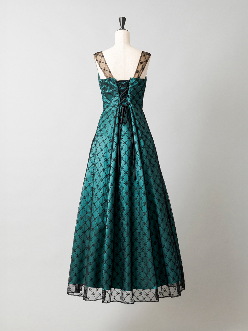 FUNQUETH 東京ソワール 高級 ロングドレス ラメ糸 光沢 ブルーグリーン