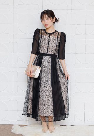 レース×プリーツ パワーショルダードレス