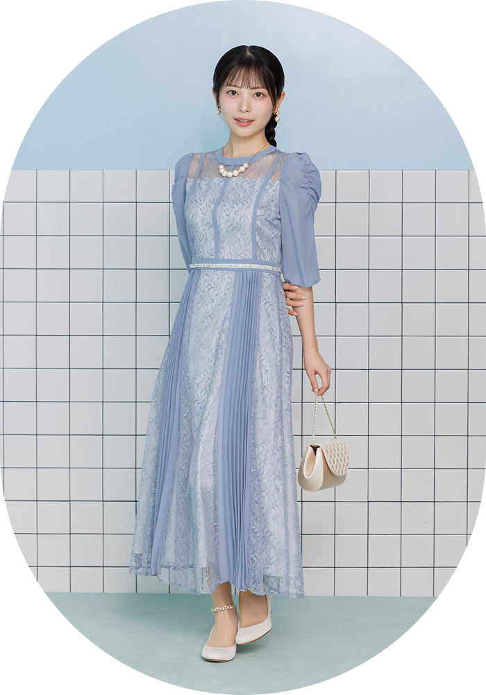 レース×プリーツ パワーショルダードレス