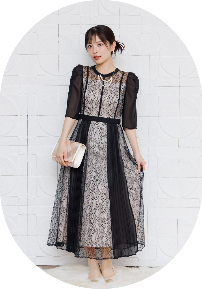 レース×プリーツ パワーショルダードレス